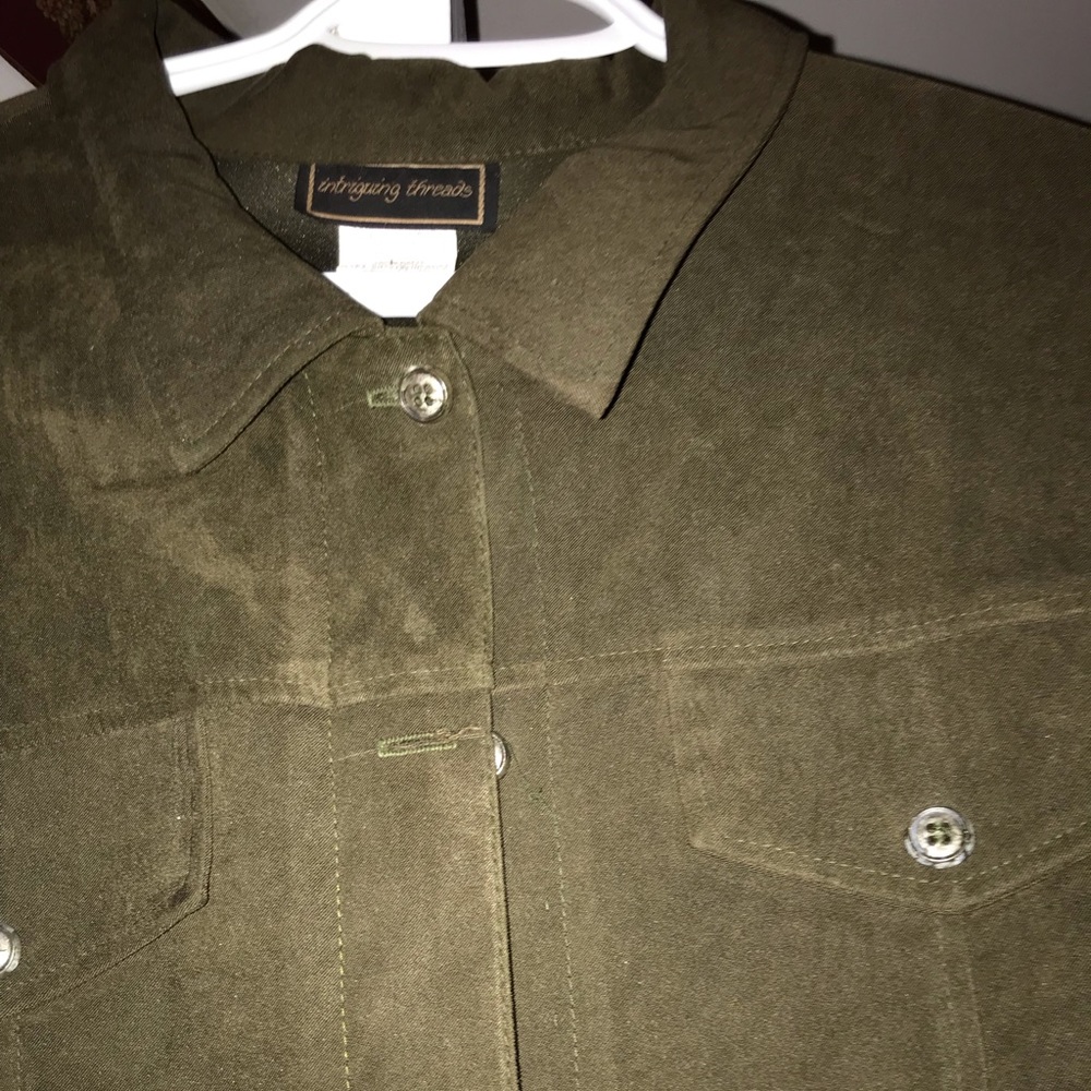 Dark olive micro-suede crop jacket.